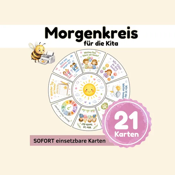 Morgenkreis-Karten für die Kita als Kreis gelegt, mit Sonne in der Mitte